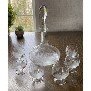 Tuscany Etched Clipper Ship Decanter/top & 6 Snifters Romania Hand Blown Barware